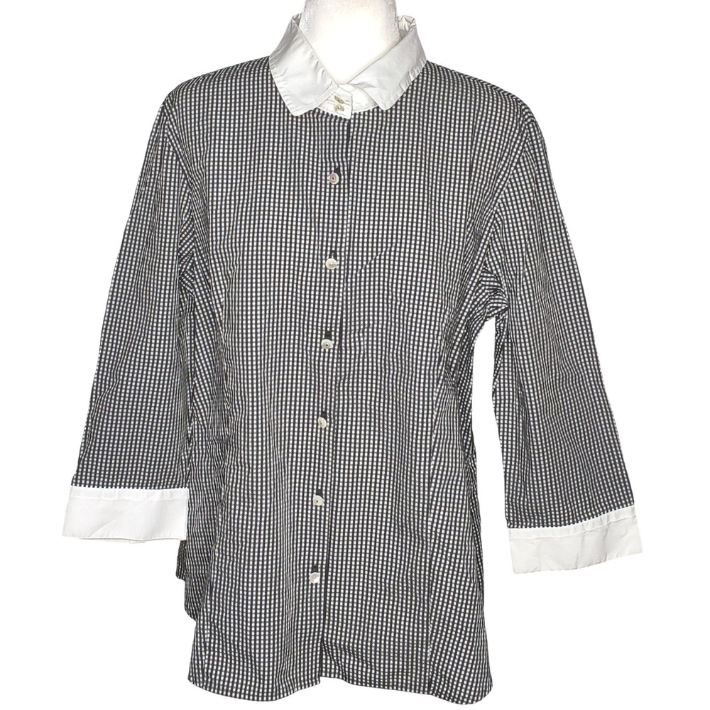 Preppy Talbots Button‎ Down Shirt Women XL Black White Gingham 3/4 Sleeve Top